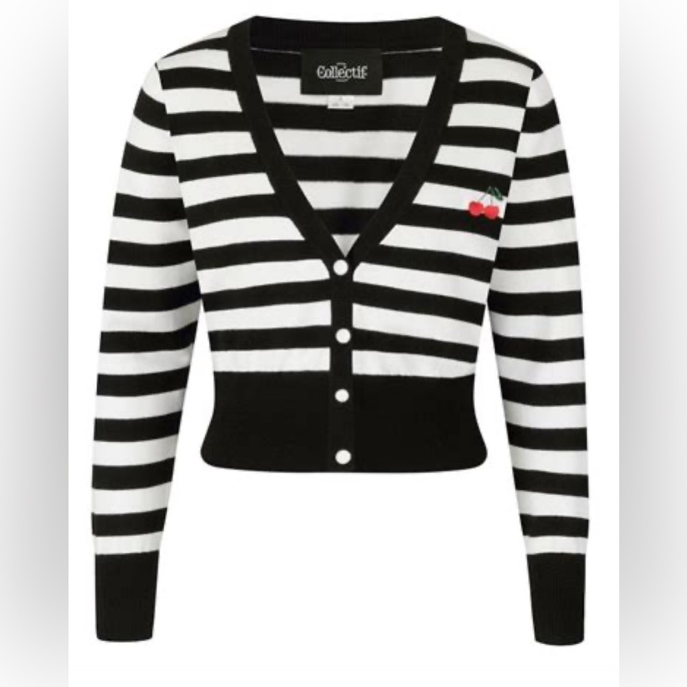 EUC Collectif Purdy Striped Cardigan Cherry 🍒 Motif UK 18 US 14